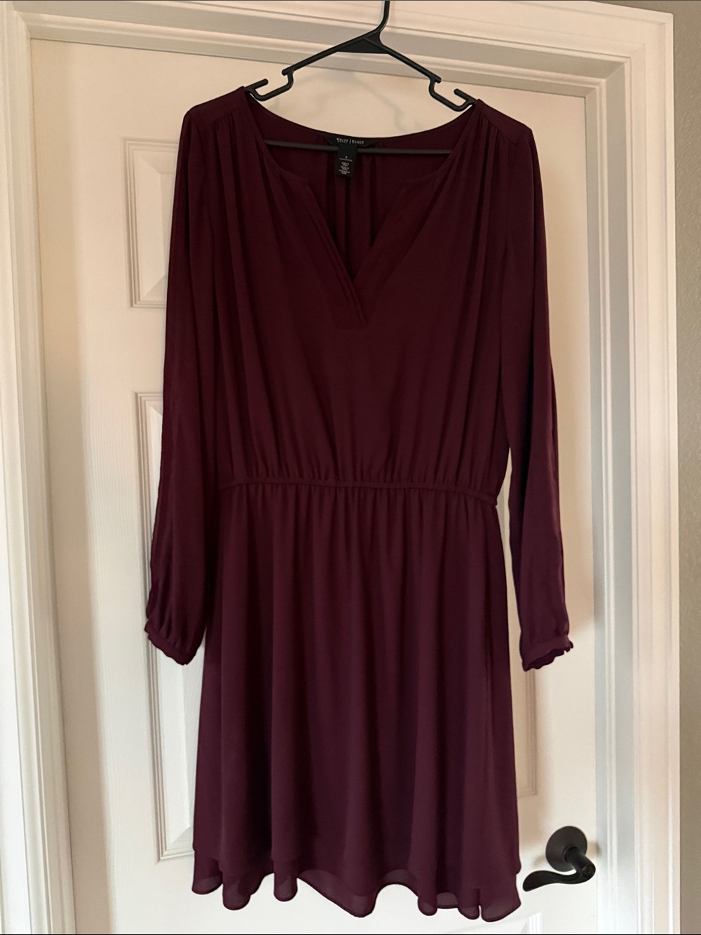 White House Black Market Deep Burgundy Long Sleeve V-Neck Dress
